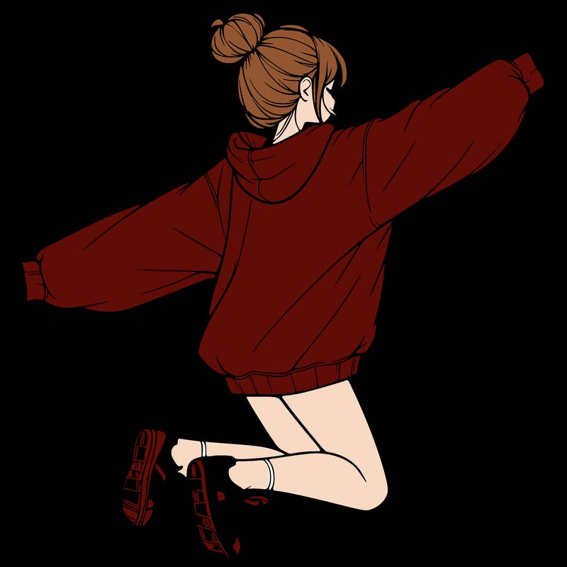 realistic girl jumping with a bun and oversized sweatshirt
