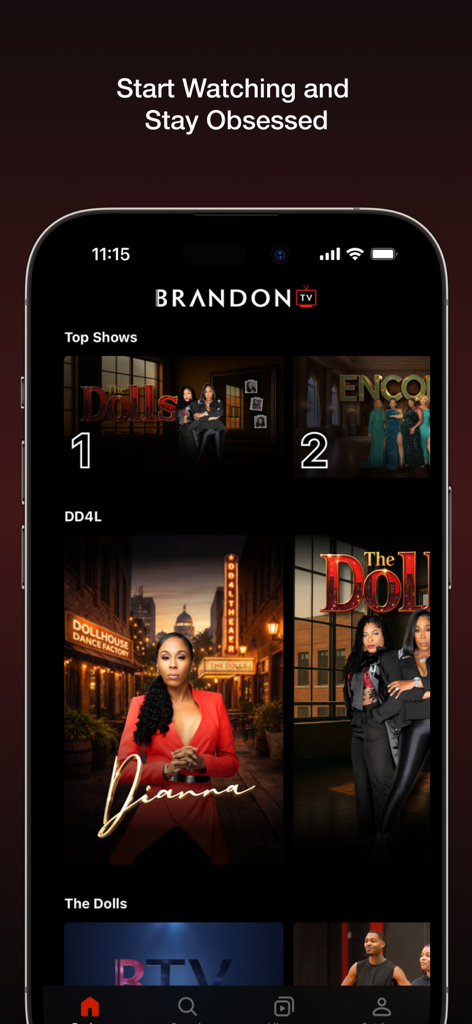 Brandon Studios TV - Home screen of Brandon TV mobile app featuring top reality and lifestyle shows.