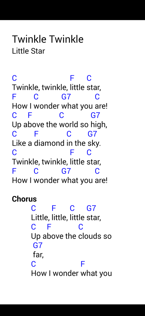 MobileSheets® - Lyrics and chords for Twinkle Twinkle Little Star displayed in the MobileSheets app.