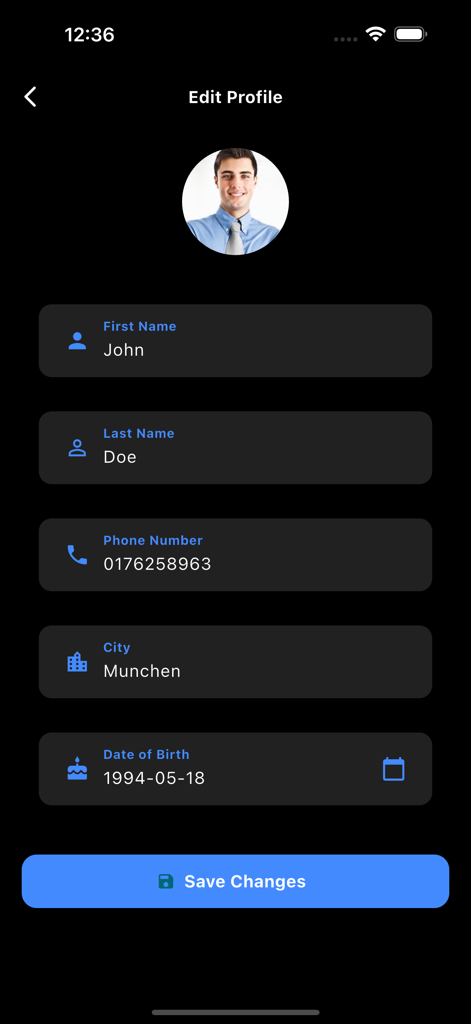 Bildschirm zur Bearbeitung des Benutzerprofils in der City Football App.