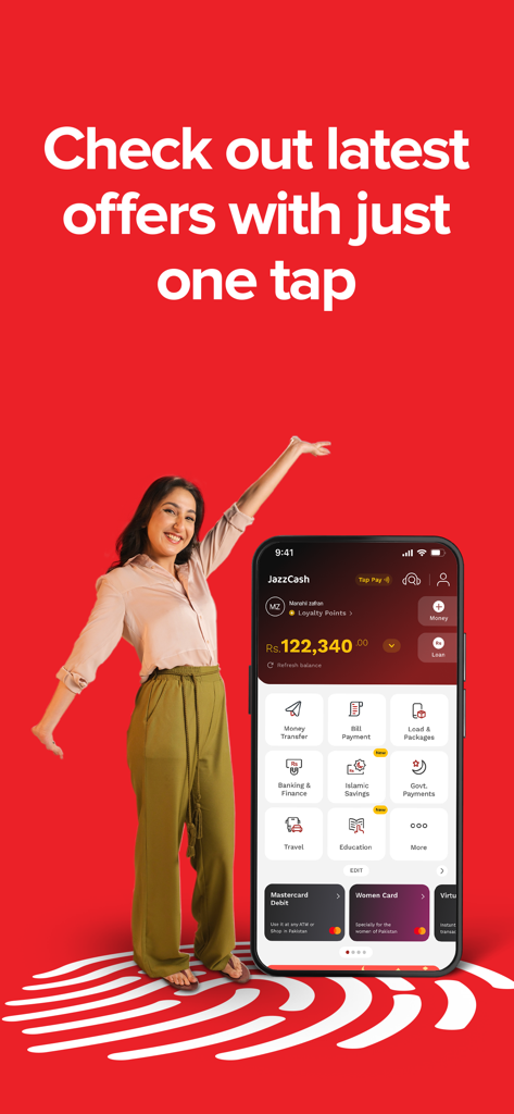 JazzCash- Your Mobile Account - JazzCash mobile app interface displaying account balance and various financial services like money transfer and bill payments on a red background