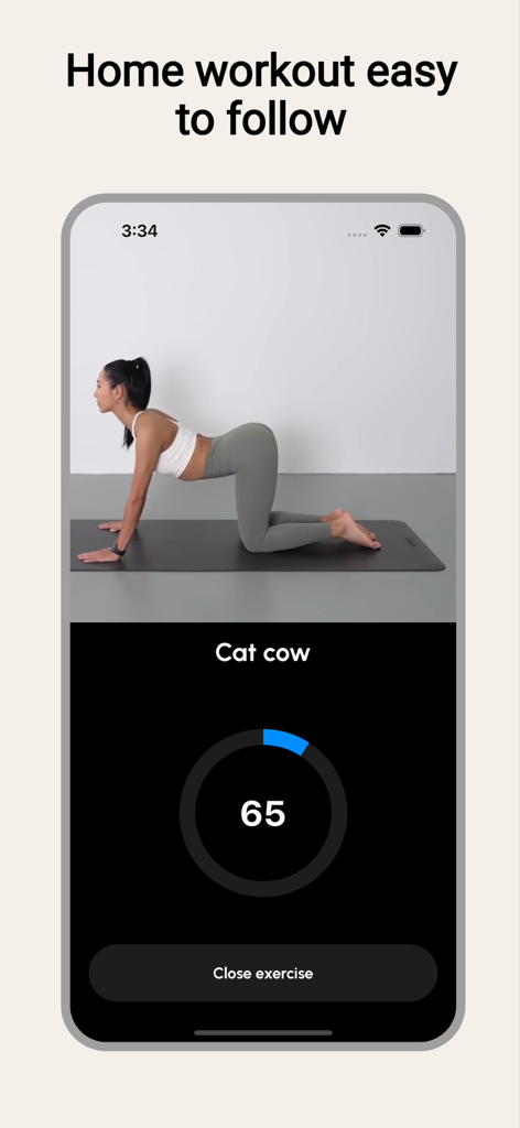 Stretch Bend Flexible: GetBend - Una mujer demostrando el estiramiento gato-vaca en la interfaz de la aplicación móvil GetBend
