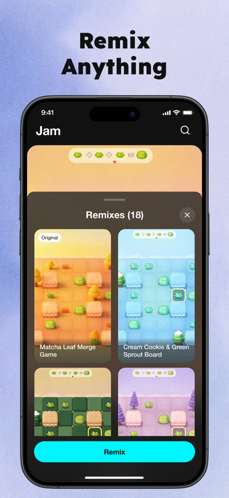 Smartphone screen of the Sekai app showing various game remixes and a remix button