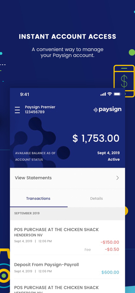 Screenshot of the Paysign app showing account balance and transaction history.
