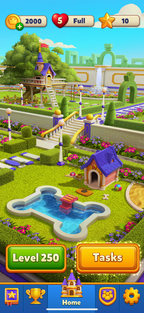 In-game view of a decorated royal garden with a bone-shaped pool and dog house in Royal Match