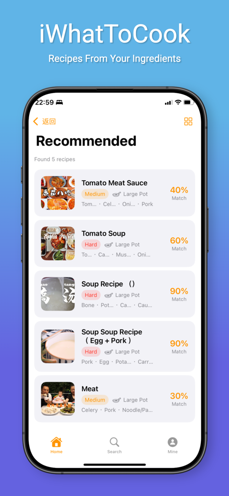 Uma lista de receitas recomendadas no aplicativo iWhatToCook mostrando porcentagens de correspondência e detalhes dos ingredientes