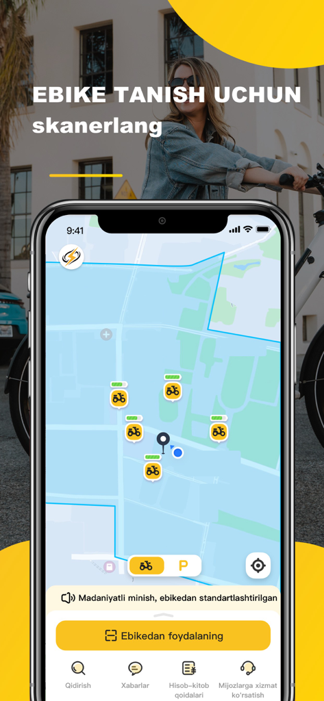 Thunder-Go - A smartphone screen displaying the Thunder-Go app map with icons showing available e-bike locations and battery levels.