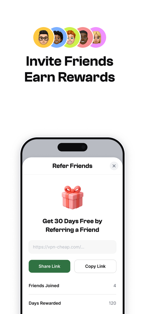 Pantalla del programa de referidos de la aplicación VPN-Cheap que ofrece 30 días gratis por invitar amigos.