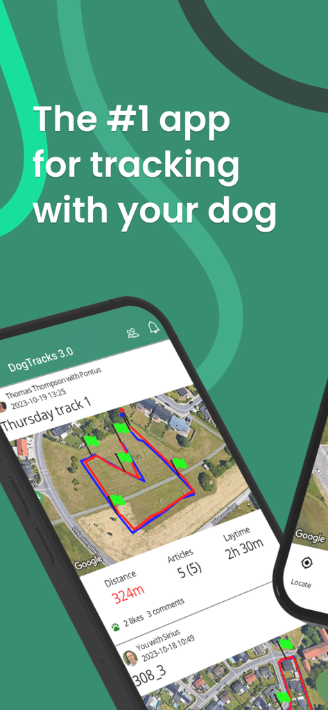 DogTrack - DogTracks app interface showing a GPS satellite map with human and dog tracking paths and training statistics.