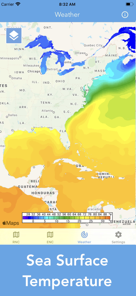 Aplicación de cartas náuticas que muestra una superposición de mapa de calor de la temperatura de la superficie del mar para la navegación costera