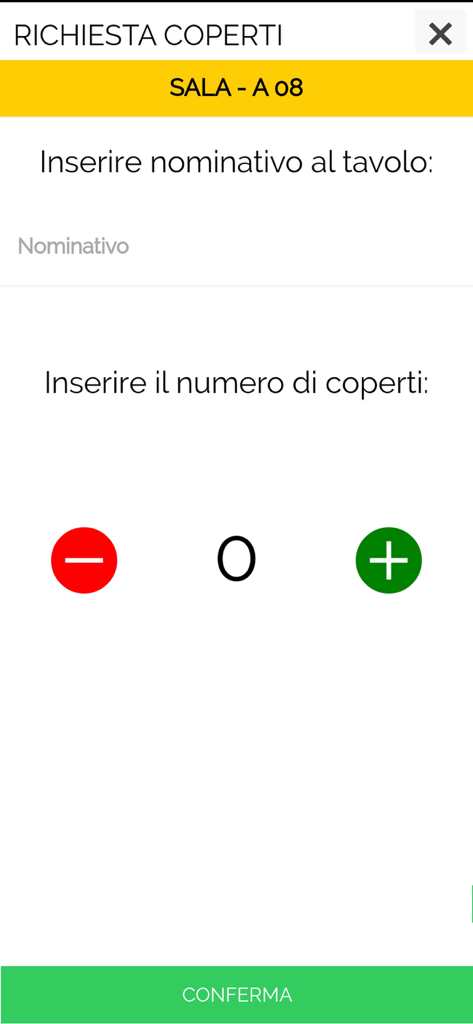 NetFood Order - Mobile interface of NetFood Order showing the guest name entry and number of covers selection for a restaurant table