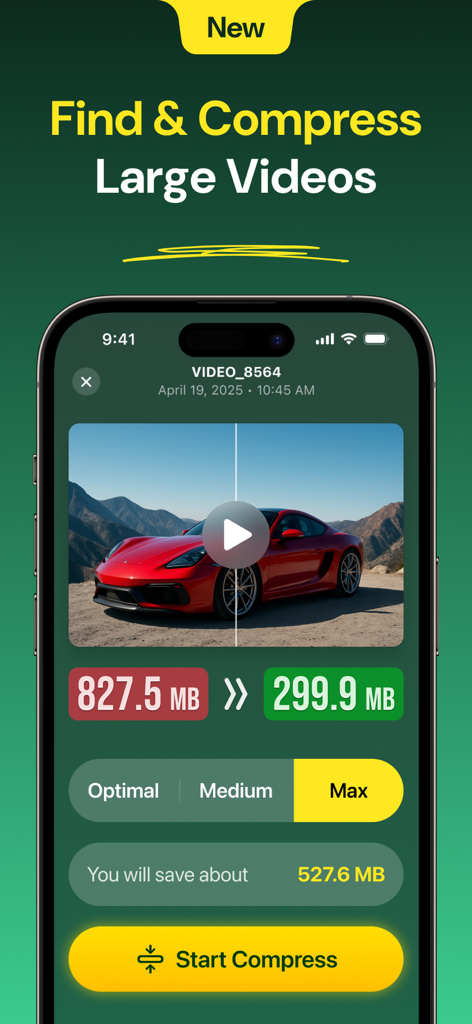 Clever Cleaner: AI CleanUp App - La interfaz de la aplicación Clever Cleaner muestra cómo encontrar y comprimir videos grandes para ahorrar espacio de almacenamiento en el iPhone