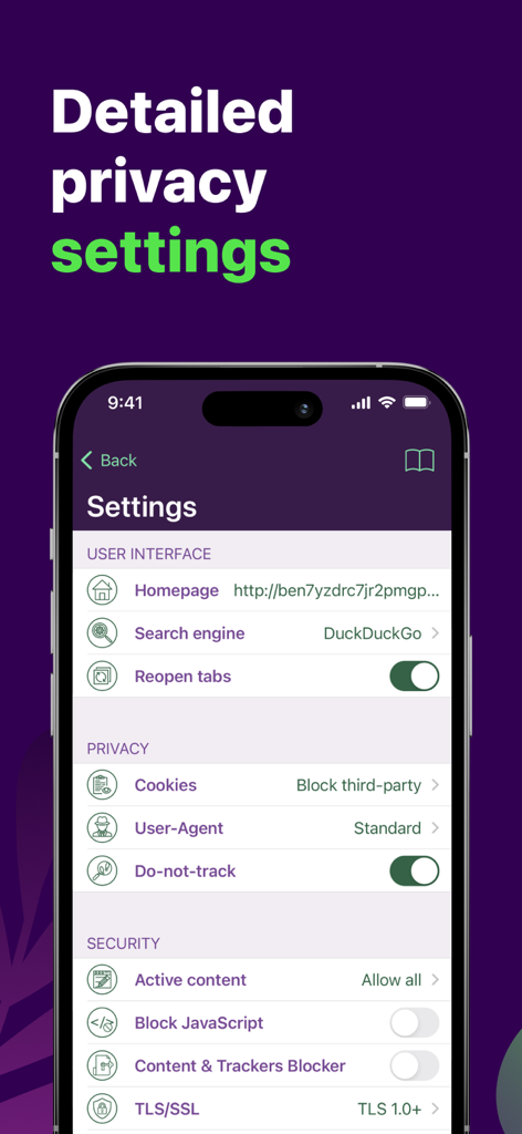 TOR Web Browser Dark Onion - Una captura de pantalla móvil que muestra la configuración detallada de privacidad y seguridad de la aplicación TOR Web Browser Dark Onion