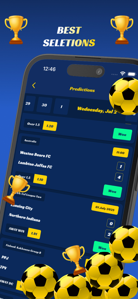 Betting Tips - Acca Prediction - Betting tips app interface displaying soccer match predictions and won status indicators