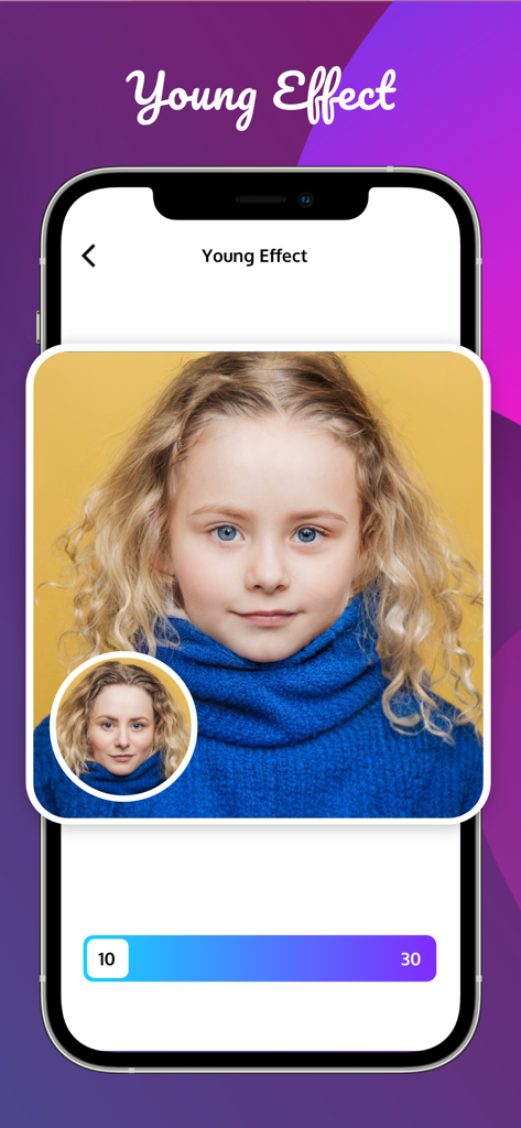 AI Baby Generator app showing the Young Effect filter transforming an adult woman into a young girl