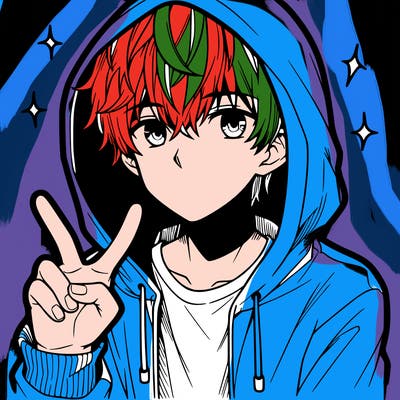 teenage manga boy in a hoodie, doing ✌