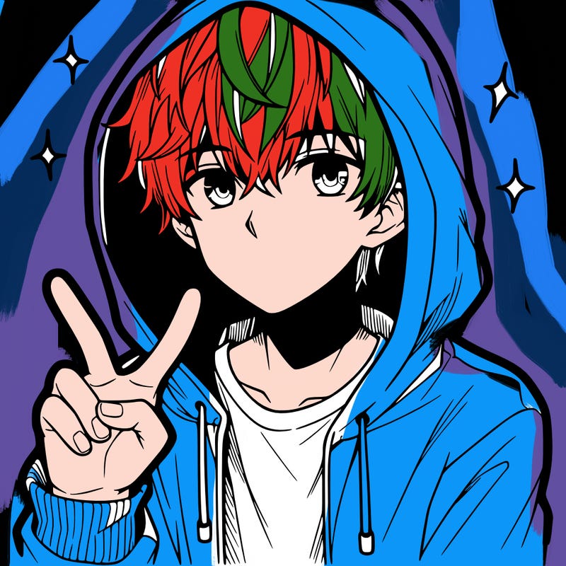 teenage manga boy in a hoodie, doing ✌