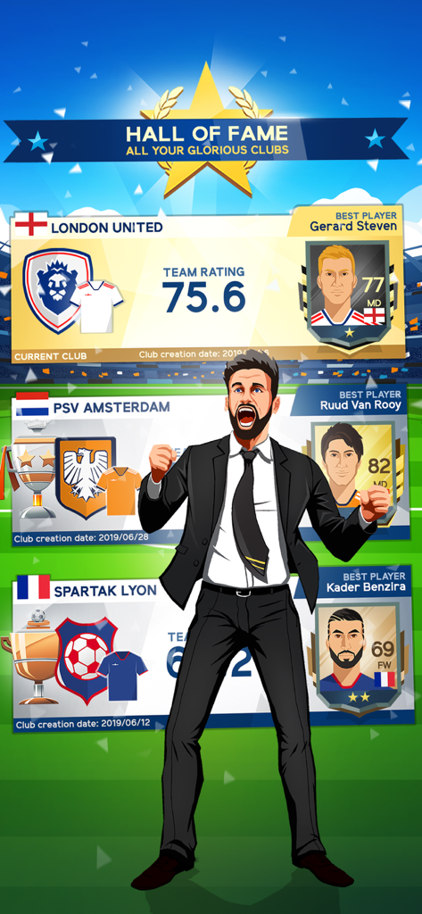 Idle Eleven Hall of Fame screen displaying multiple soccer clubs and a cheering manager