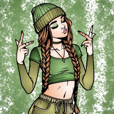 realistic teenage girl with braids and a beanie and crop top doing 🫶🏼