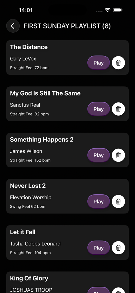 Loops By CDub app playlist view showing gospel drum loops organized by song title and tempo for worship services