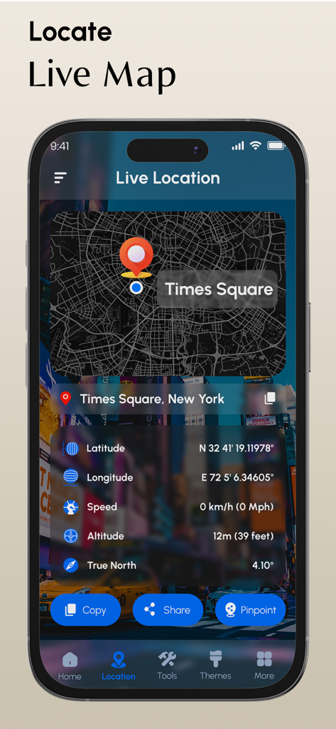 Compass & Location Tracker - Compass and Location Tracker app interface showing a live map with GPS coordinates and altitude for Times Square New York