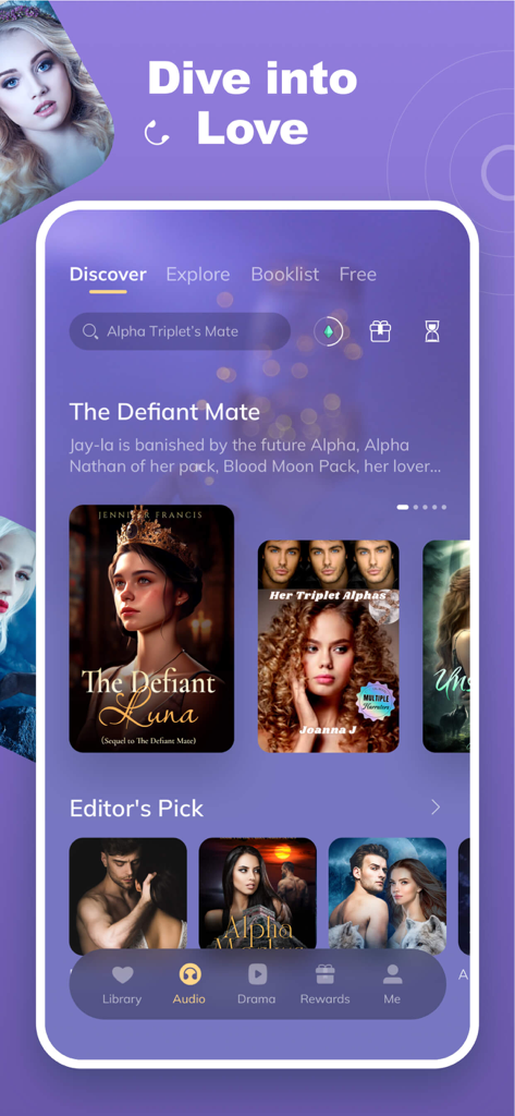 The discover screen of the Wehear app showing various romance and werewolf audiobook titles including The Defiant Luna.
