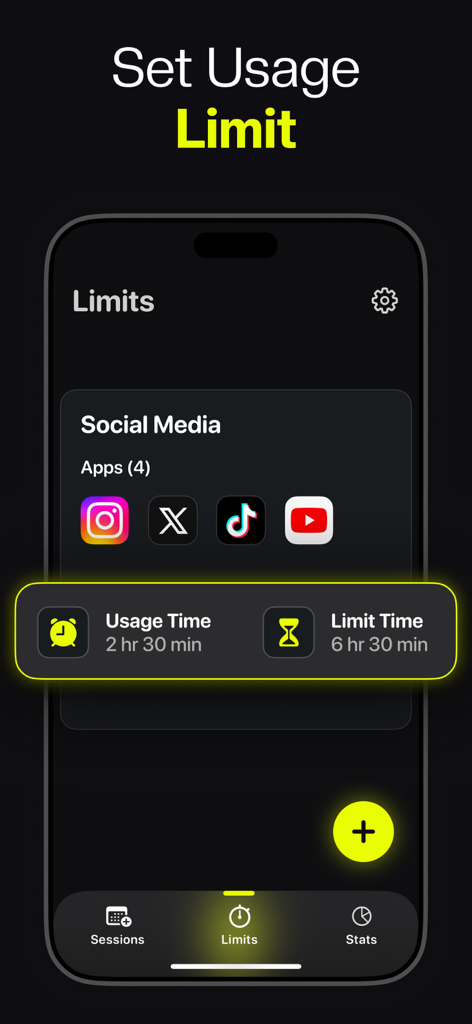 Screen Time Control: FocusMate - Screenshot of the FocusMate app showing a usage limit interface for social media apps with tracking for usage and limit times.