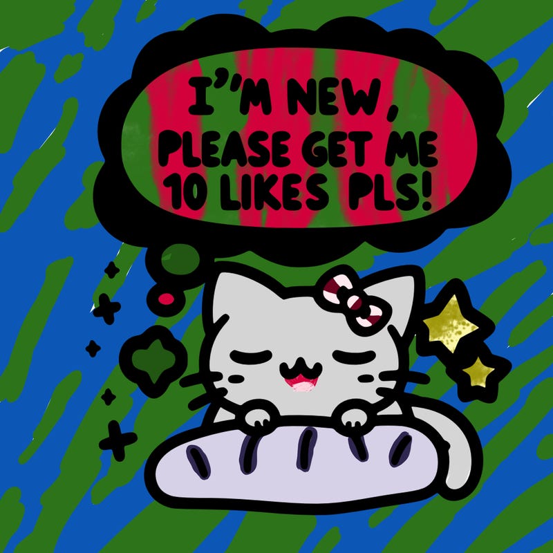 kitty taking a nap dream talking and saying "i'm new, please get me at least 10 likes pls!!"