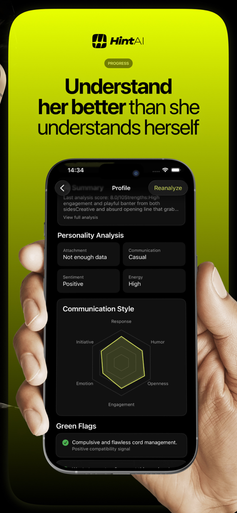 Hint AI: Dating Coach & Rizz - Hint AI app screenshot showing personality analysis communication style graph and green flags for a dating match