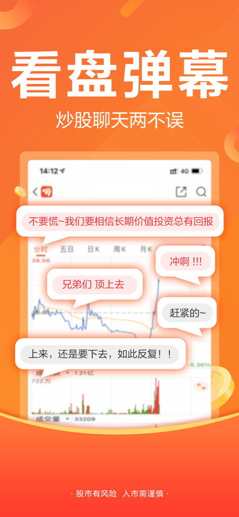 东方财富领先版-财经资讯&股票开户 - Interfaccia dell'app mobile East Money con un grafico di borsa con commenti in tempo reale e discussioni degli utenti.