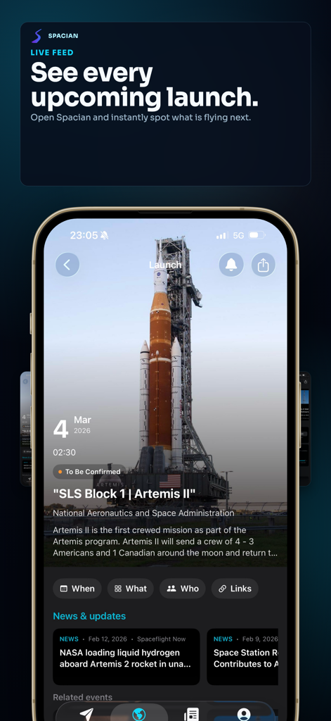 Spacian: Rocket Launch Tracker - Pantalla de smartphone que muestra los detalles de la misión Artemis II en la aplicación rastreadora de lanzamientos de cohetes Spacian.