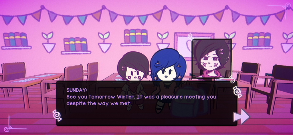 Sundy Stairway - Una escena de diálogo estilo novela visual de Sundy Stairway que muestra la conversación entre personajes en una habitación rosa estilizada.