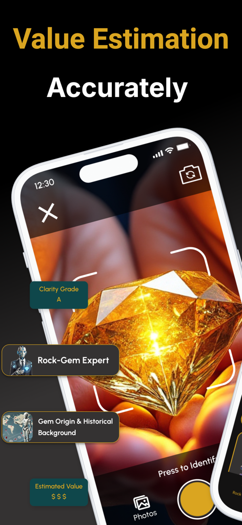 Stone Gem & Crystal Identifier - Mobile app screen showing value estimation and clarity grade for a yellow gemstone with expert identification features