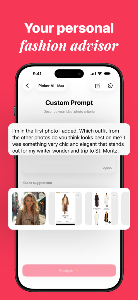 Picker AI - Best Photo Picker - Interfaz de la aplicación Picker AI que muestra una indicación personalizada para elegir un atuendo elegante para un viaje.