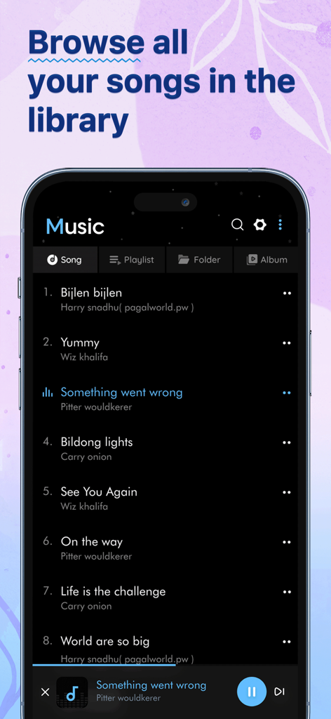 Music Player: Play Music - Una interfaz de aplicación móvil que muestra una lista de canciones en una biblioteca de música