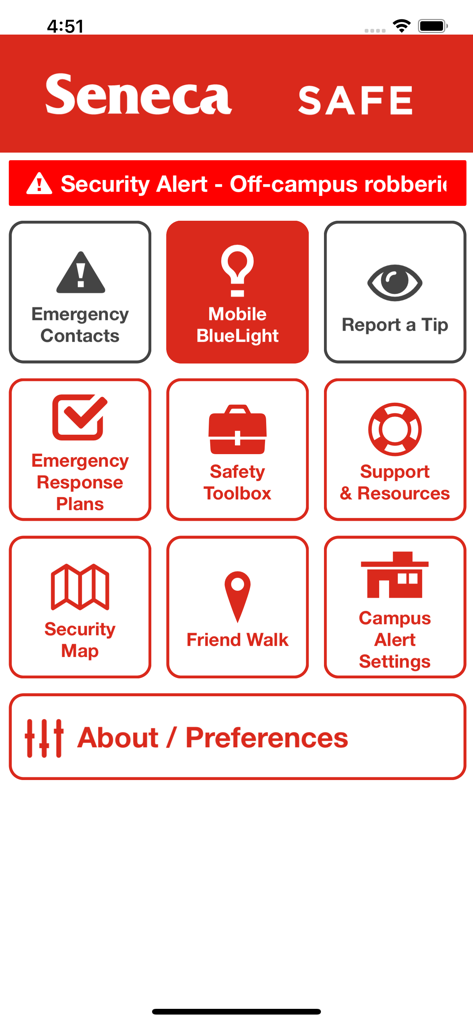 The main dashboard of the Seneca Safe mobile app featuring icons for emergency contacts, mobile blue light, security maps, and campus safety alerts.