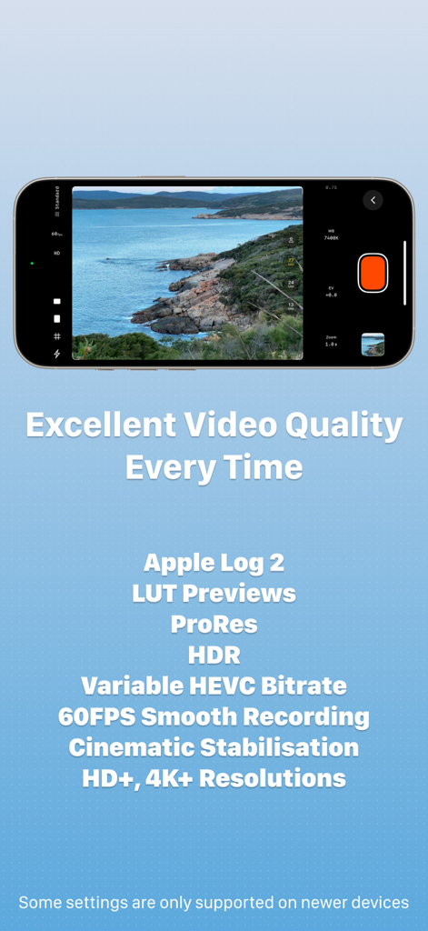 OpenCam app interface showing professional video quality features like Apple Log 2 and ProRes