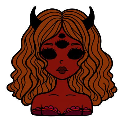 a woman with 3 eyes her hair is curled and she has horns