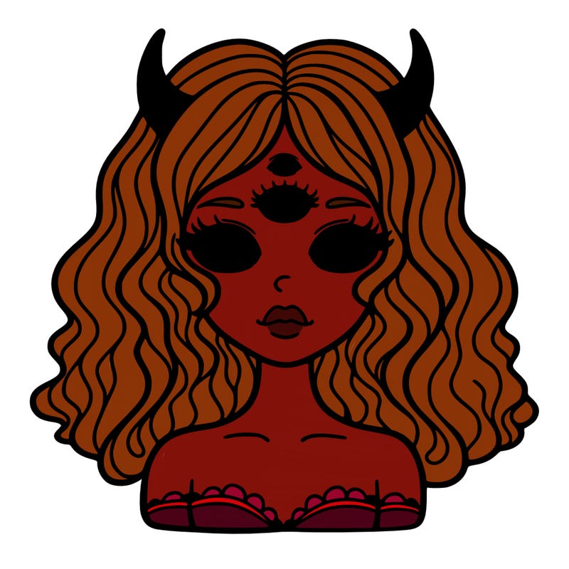 a woman with 3 eyes her hair is curled and she has horns
