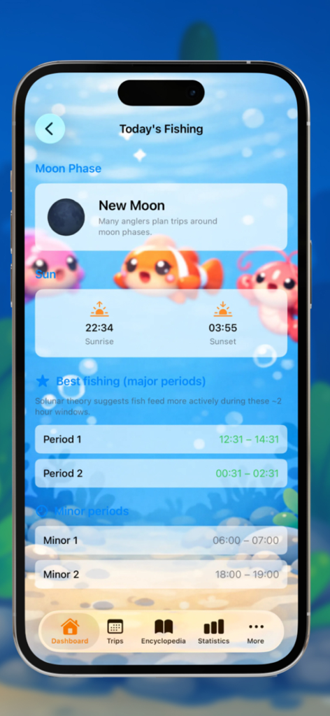 MyFishing Book - Panel de la aplicación MyFishing Book que muestra períodos de pesca solunares, fase lunar y horarios de salida y puesta del sol