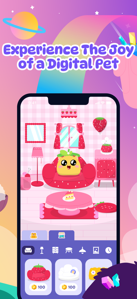 AI Companion Talking Pet - Emy - Interface of Emy AI companion app showing a digital pet in a strawberry themed room with furniture options