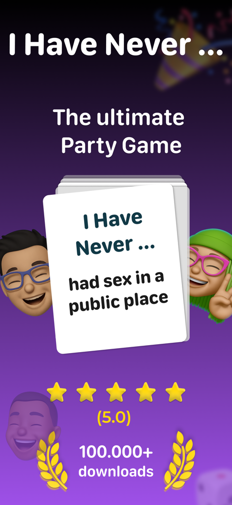 I Have Never Dirty Party Game screen showing a sample question card and five star user rating.