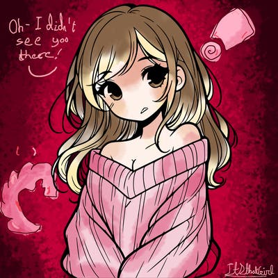 shy pretty girl wearing a sweater that is falling off one shoulder portrait