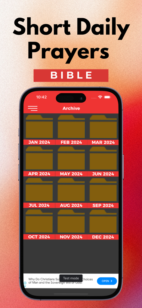 Short Daily Prayers - Bible - Short Daily Prayers Bible app archive screen showing folders for monthly prayers.