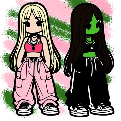 girl in baggy pants crop top and long hair