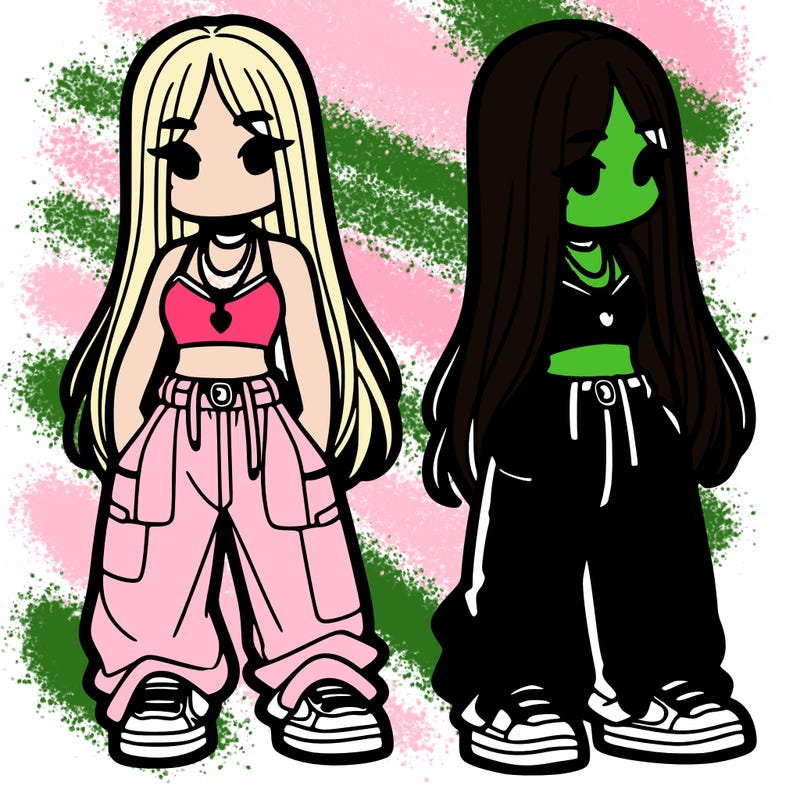 girl in baggy pants crop top and long hair