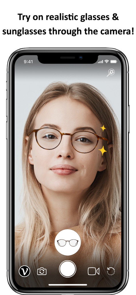 VirTry - 3D Fitting of Glasses - A woman using the VirTry app to virtually try on realistic glasses through her smartphone camera