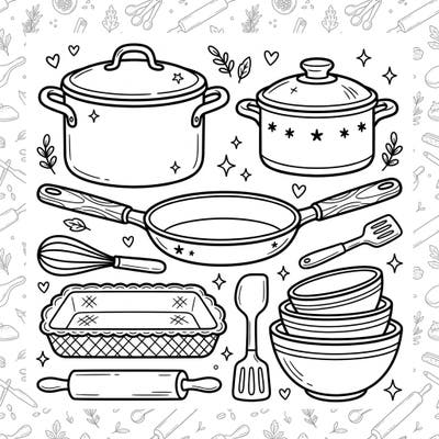Ignite culinary creativity with this adorable coloring page featuring a collection of essential kitchen items. Kids will love bringing these pots, pans, and baking tools to life with their favorite colors.