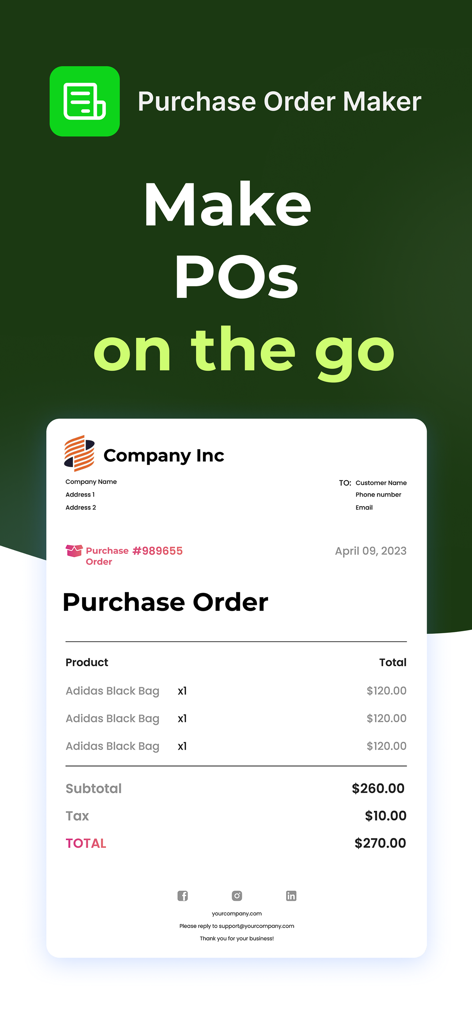 Purchase Order Maker - PO app - Mobile app screen showing a professional purchase order document