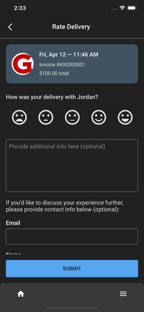 Gordon Now app interface for rating a food delivery with smiley face icons and text feedback area